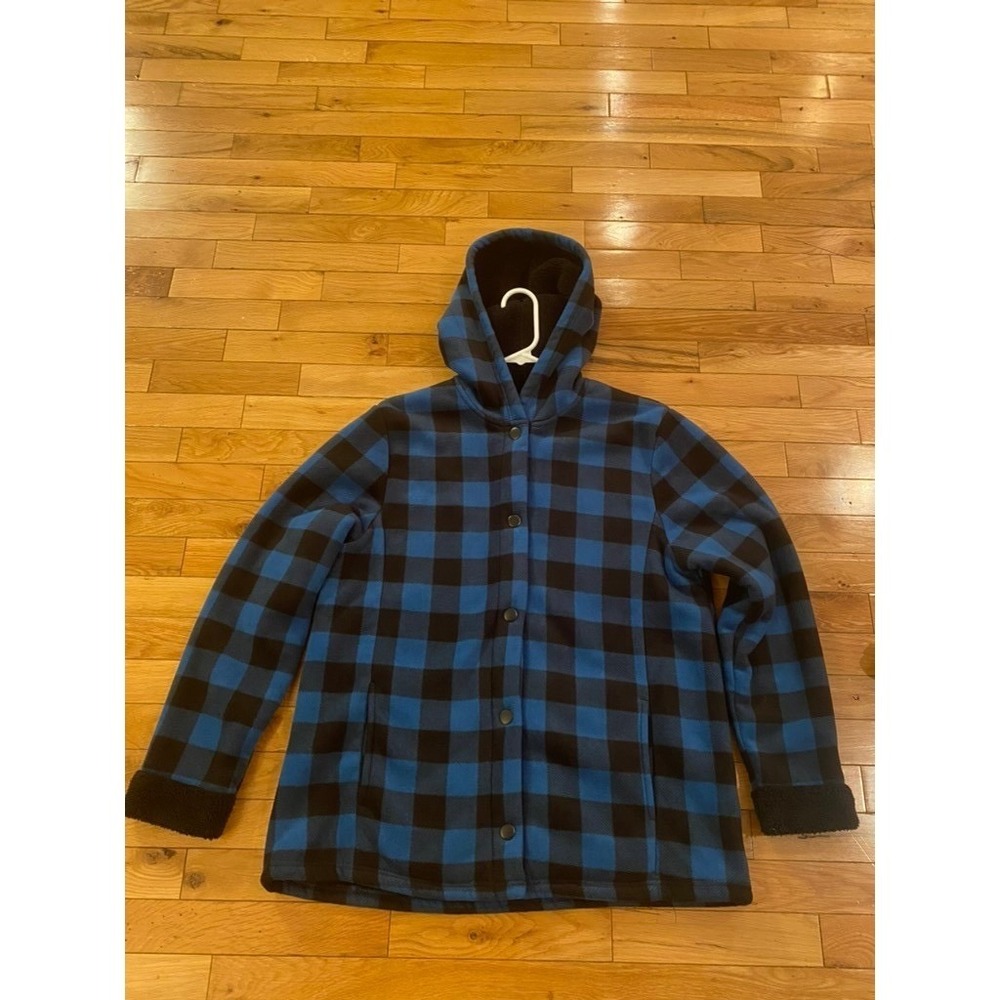 Cuddl Duds Womens Blue Black Buffalo Plaid Fleece Sherpa Lined Hooded Jacket M